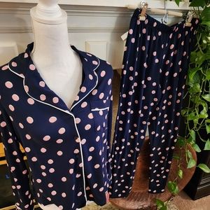 NWT Kate Spade Navy Blue w/ Pink/White Edged Polka Dot Pajama Set Small